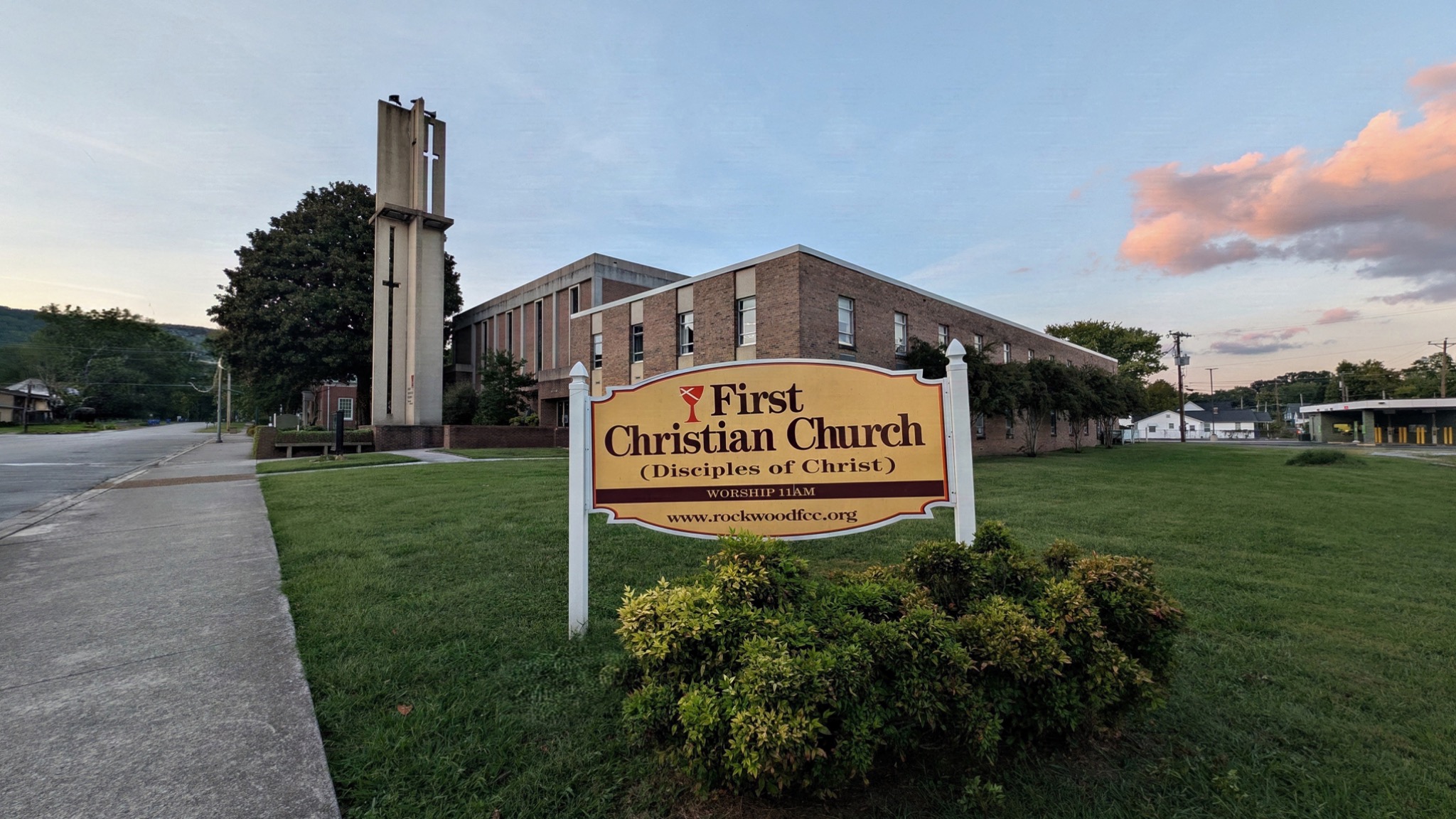 First Christian Church building and sign at sunset in Rockwood, Tennessee